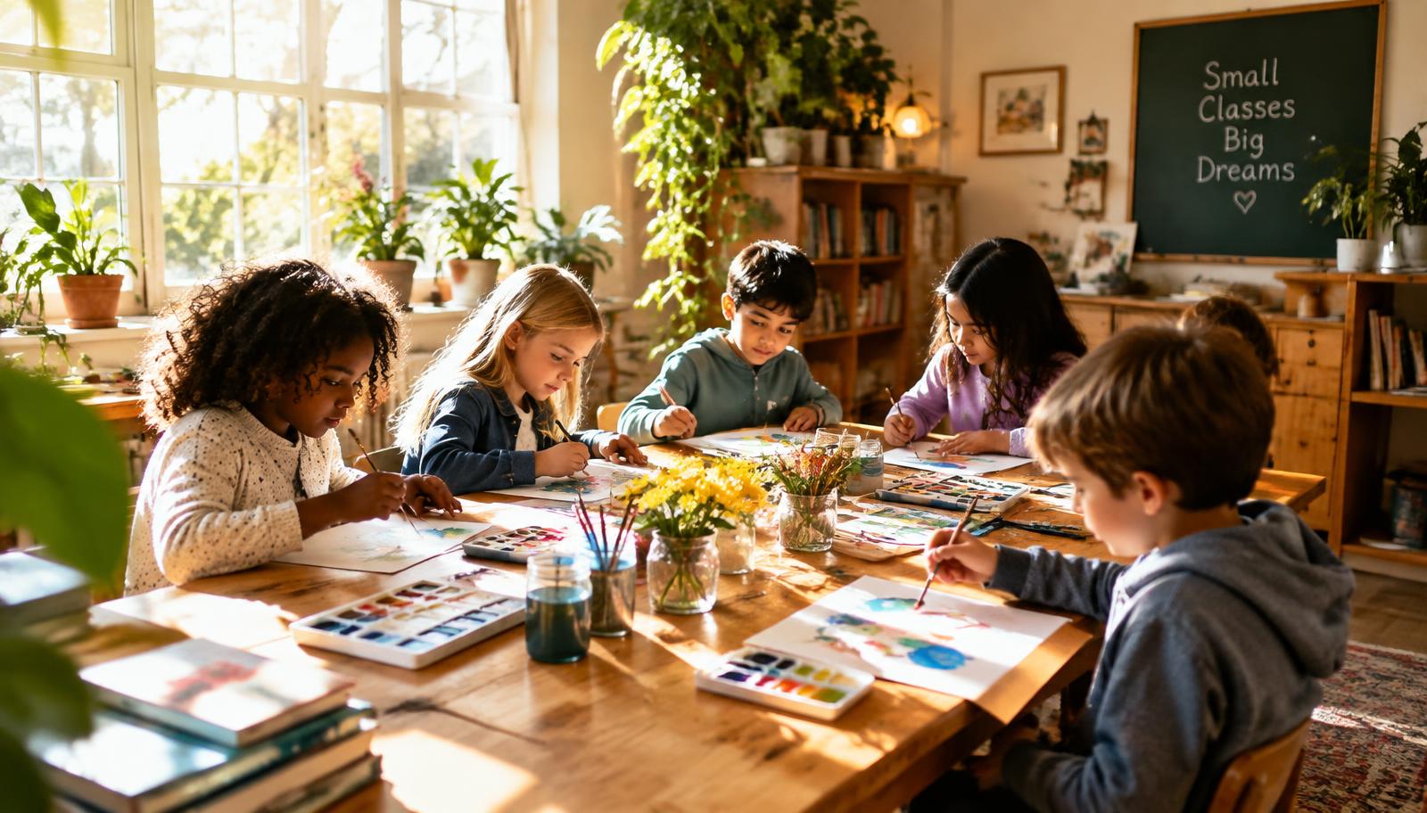 Children painting together in a bright classroom